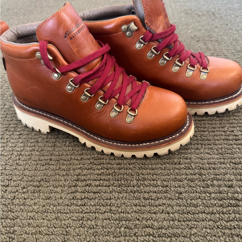 Eddie Bauer Lace Up Boots Brown and Red with Metal D-Ring Hooks